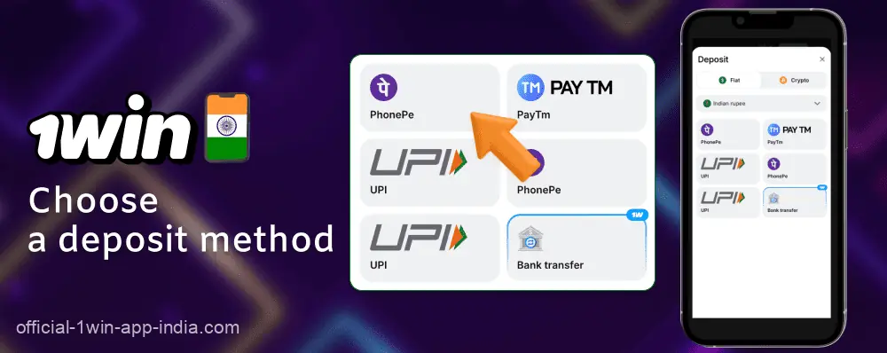 Select a deposit method for the 1Win India app